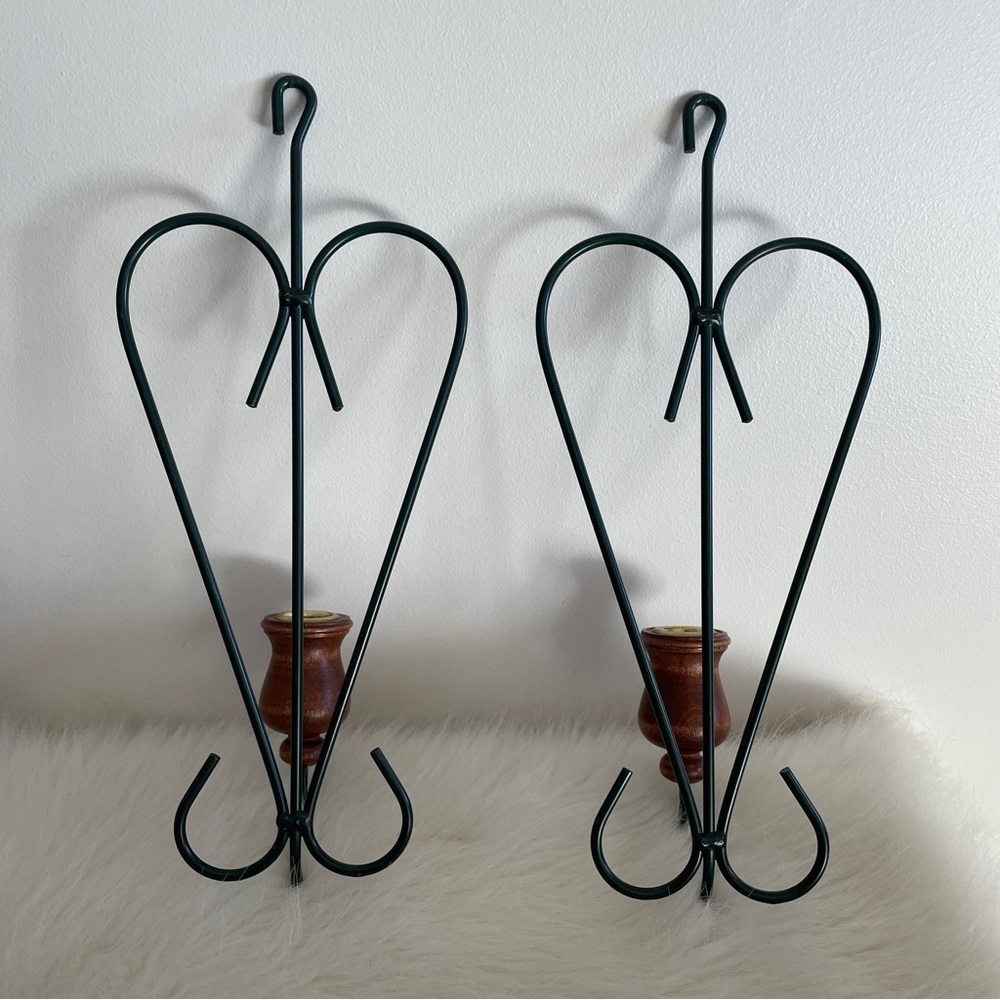 Vintage Candlestick Holder Pair Green Hearts w/ Wooden Candle Holders Cottage